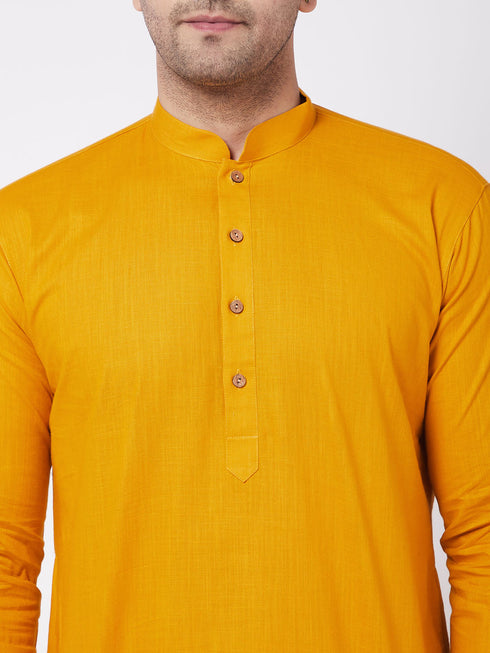 Men's Mustard And White Solid Cotton Blend Kurta Pyjama Set